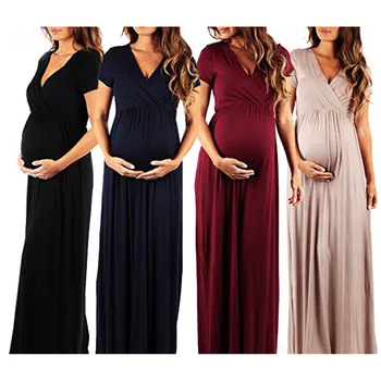 

Women Casual V Neck Pregnancy Dress Solid Color Maternity Short Sleeve Long Dresses Femme Enceinte Robe Sukienka Clothing