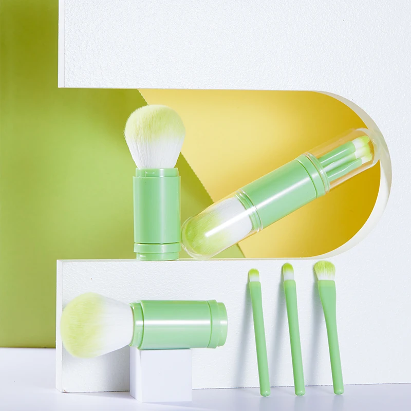 Juego de brochas de maquillaje 4 en 1 para mujer, Juego de 4 Uds. De brochas de maquillaje verde, polvo cosmético, mezcla, sombra de ojos, base, colorete, herramientas de viaje de belleza