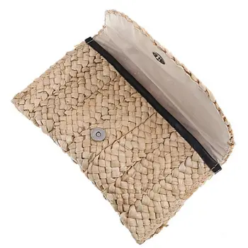 

Women Bohemian handmade straw Wallets Beige Envelope Clutch Evening Shoulder Handbag Bag with Chain Bridal Party purse