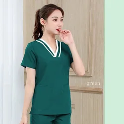 Plug Size Scrub Top Women V Neck Medical Shirt Nursing Workwear Clothes Short Sleeve Cotton Uniform Doctor  (not Includ Pants)
