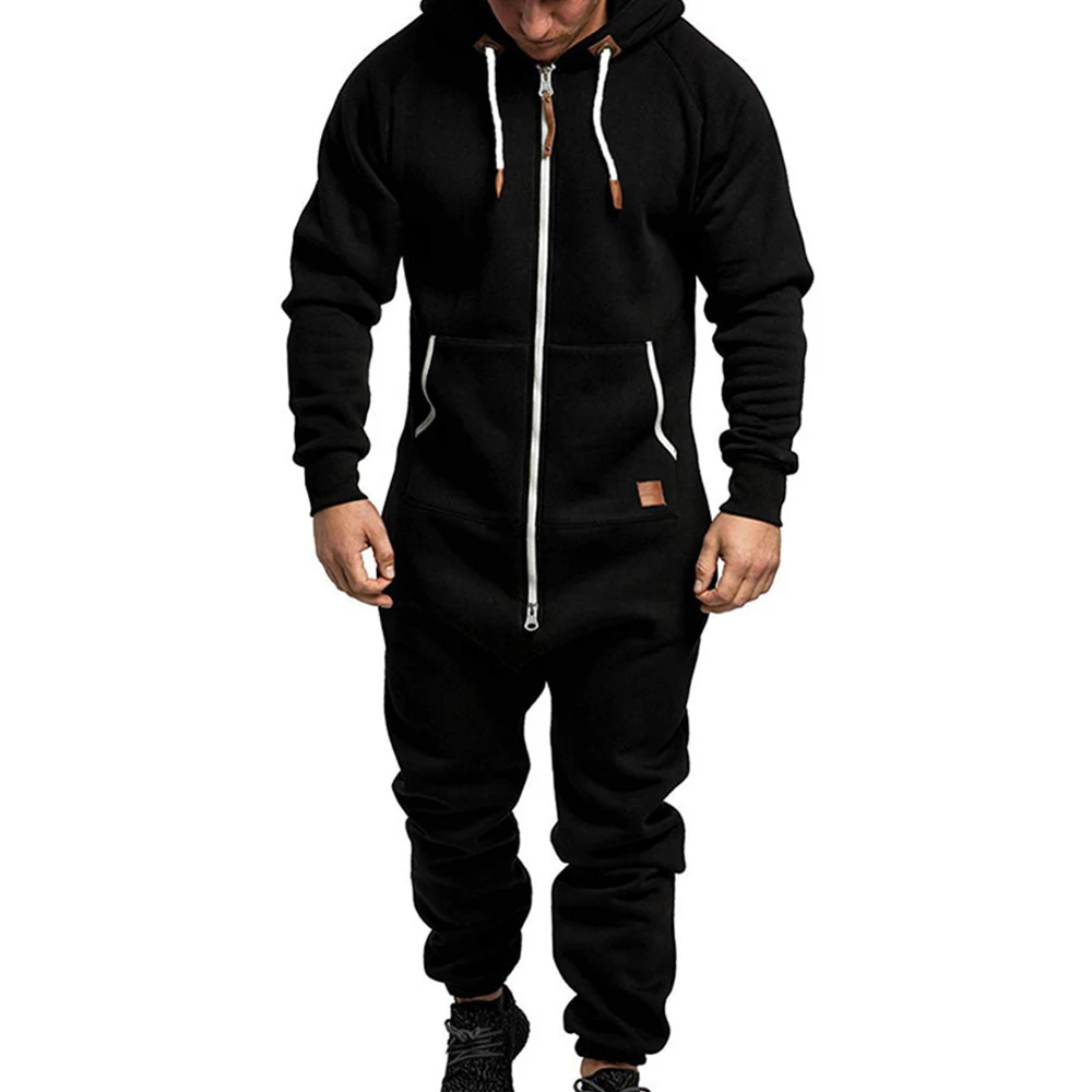 Onesie Men Jumpsuit Sleeping Clothes Zipped Up Men One Pieces Hooded Jum Psuit Solid Long Sleeve Winter Warm Adult Onesie cheap pajama pants