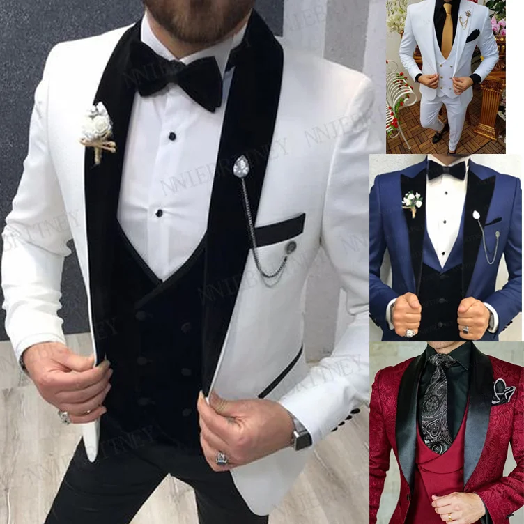 Traje de boda para hombre, chaqueta ajustada de 3 piezas, esmoquin de graduación, chaqueta a medida, chaleco, pantalones, moda blanca