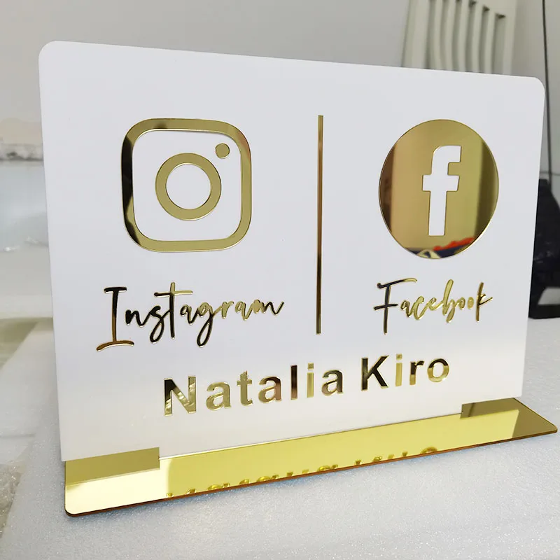 Instagram Facebook White Table Sign Personalized Mirror Gold Acrylic Laser Cut Instagram Facebook Shop Store Sign