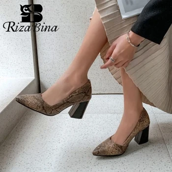 

RIZABINA Plus Size 32-43 Fashion Women Pumps Shoes New Design Snake Print Shoes Women Thick Heels Pointed Toe Casual Footwear