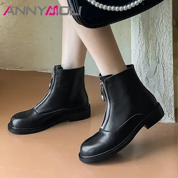 

ANNYMOLI Genuine Leather Mid Heel Ankle Boots Women Shoes Zipper Metal Decoration Block Heels Short Boots Autumn Winter Beige 40