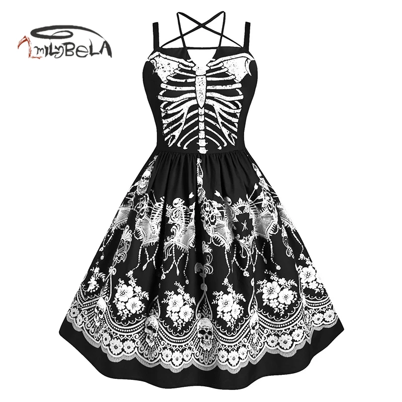 Imily/платье трапециевидной формы на Хэллоуин для женщин; готический принт с черепом и скелетом; Спагетти без бретелек; Высокая талия; модные платья на бретелях; Vestidos - Цвет: Белый