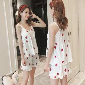 

New V-neck Women pyjamas Sling Pajamas Sexy Simulation Print Sling Sleeveless Tops And Shorts Sleepwear Sets