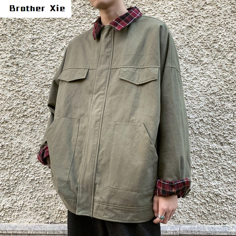 

Cotton Tooling Jacket Men's Fashion Plaid Stitching Fake Two Casual Jackets Man Streetwear Loose Hip Hop Bomber Jacket Mens