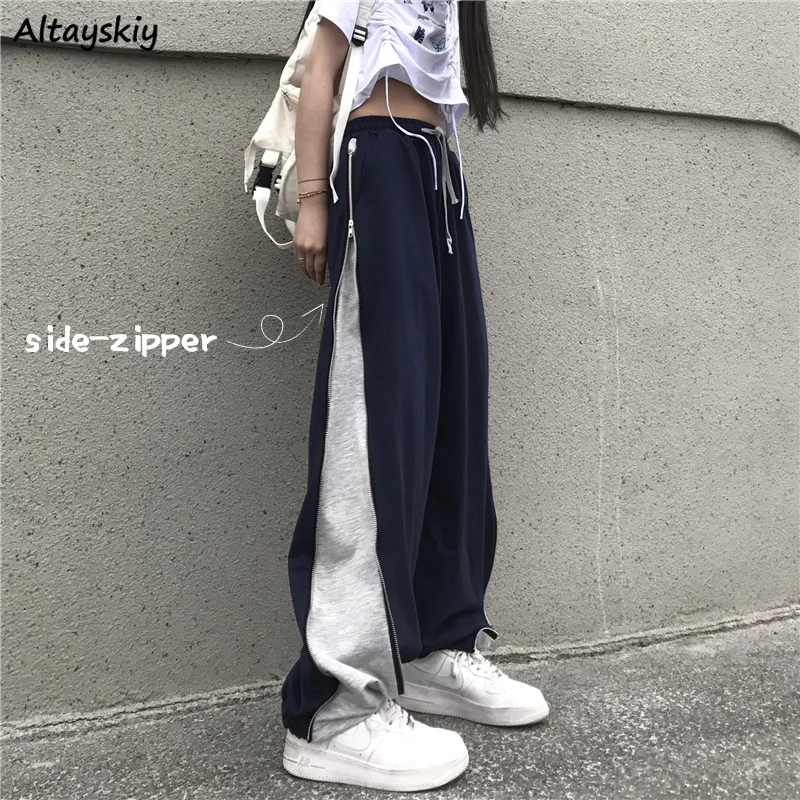 Women Casual Pants Spring Side-zipper Straight Trousers
