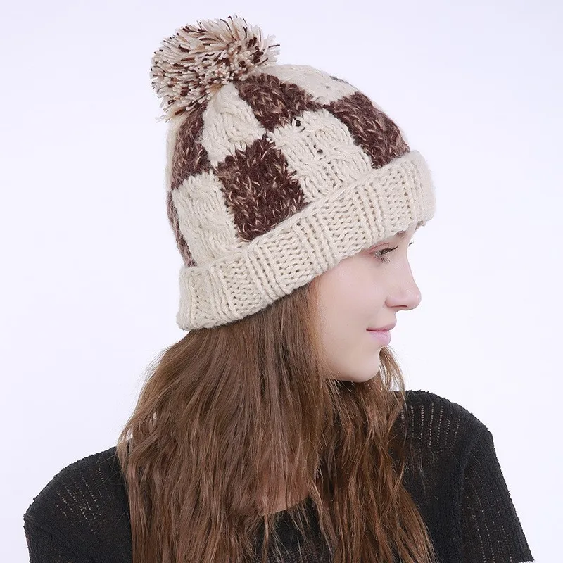 BEFORW зима Сращивание плед вязаное изделие шапочка с помпонами мешковатая шапка теплые массивные клетчатые шапочки шапки для женщин