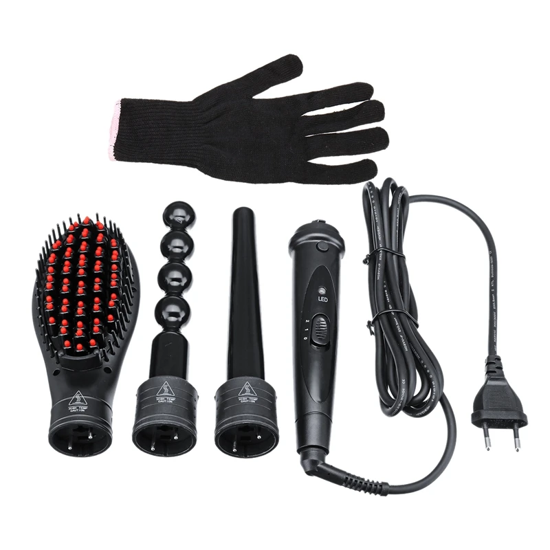 

85W Led Ceramic Hair Styling Curler Iron Curling Tools Wand Tongs Rollers Set, Curly / Straight Tube + Comb + Gourd + Gloves Eu