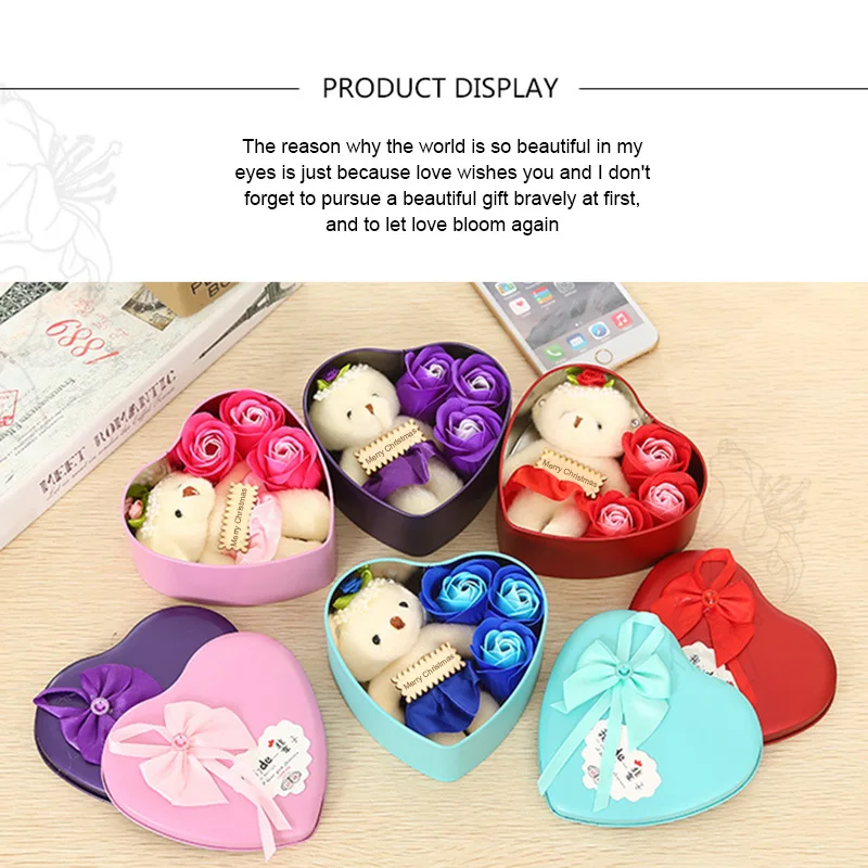 

3 Flower-shaped Soap Rose Soap with Little Bear and Heart-shaped Storage Box Romantic Gift for Lovers Girlfriends LAD-sa