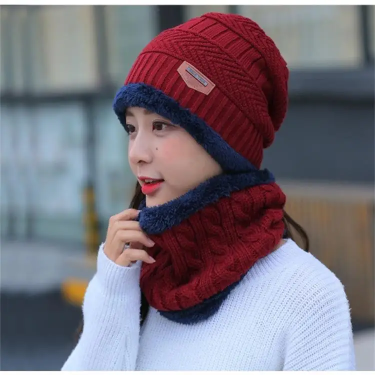 

Triangle Mark Hat Men And Women Winter Knitted ma hua wen Scarf Warmer Cap Brushed And Thick Wool Cap 2 Pieces