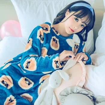 

Flannel Lady Sleep Dress Long Sleeve Nightdress Negligee Blue Coral Fleece O-neck Sleepwear Soft Nightgown Lougne Home Dressing