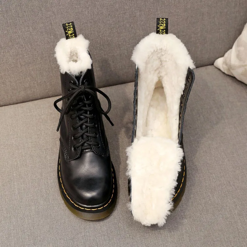 

Rimocy 2019 Winter Shearling Boots Women Black Cow Leather Wool Fur Boot Lace Up Flat Platform Warm Shoes Woman Snow Ankle Boots