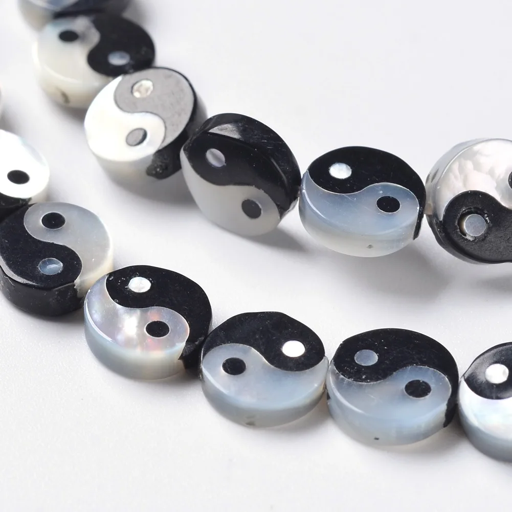 about 24pcs/strand 8mm Feng Shui White Shell Bead Natural Black Agates Flat Round Yin Yang Beads for Jewelry Making DIY Bracelet