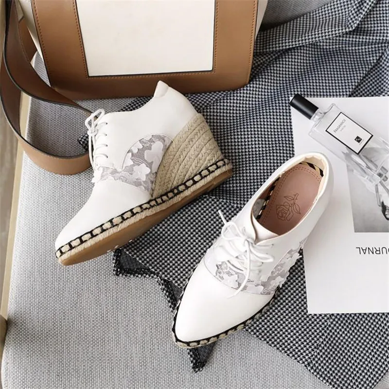 2020 Spring Autumn New Straw Wedge Shoes Women Deep Mouth High Heels Mesh Lace Stitching Lace-Up Pointed Toe Pumps Women's Shoes (26)