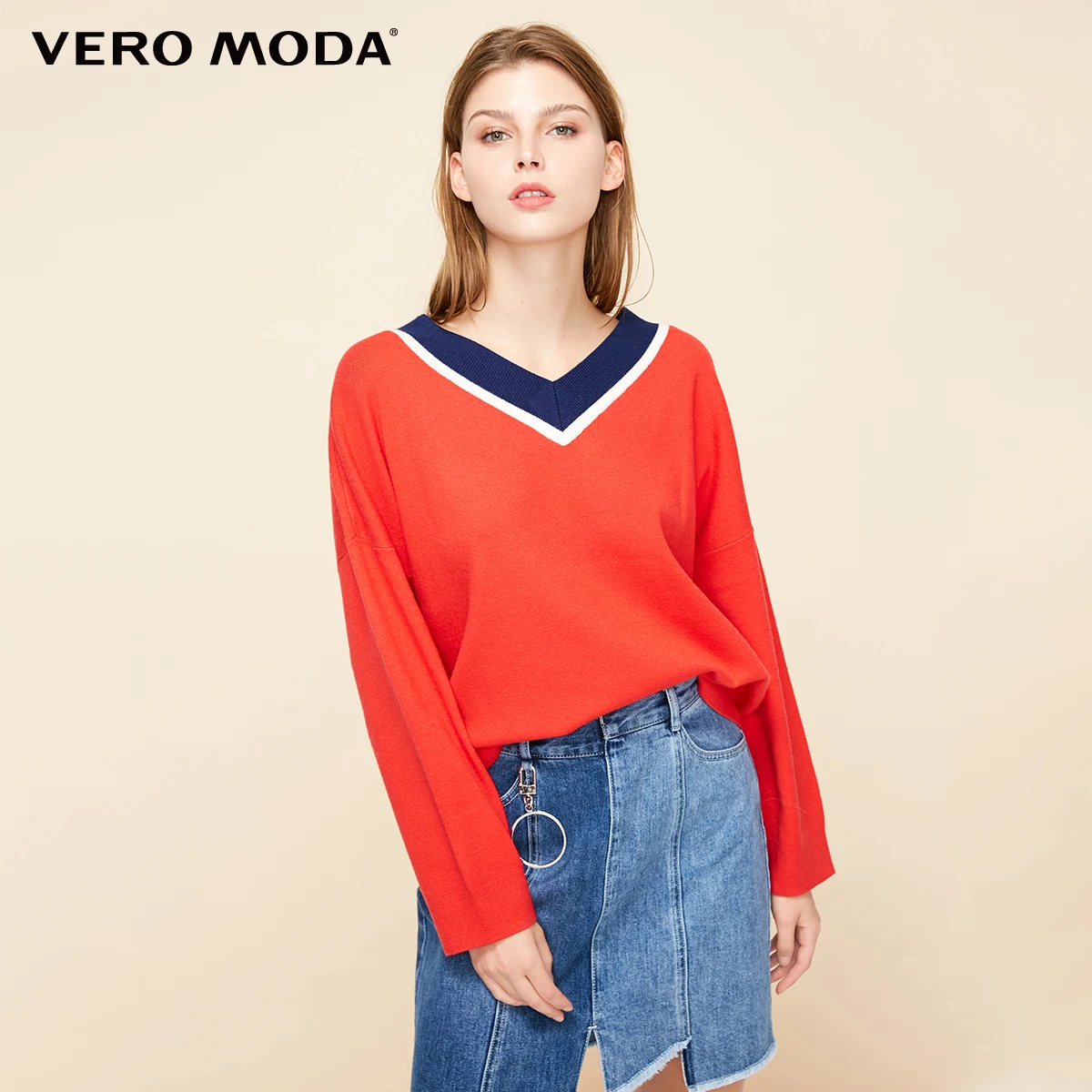 Vero Moda женский свитер свободного кроя с v-образным вырезом и открытыми плечами | 319113501 - Цвет: Flash red