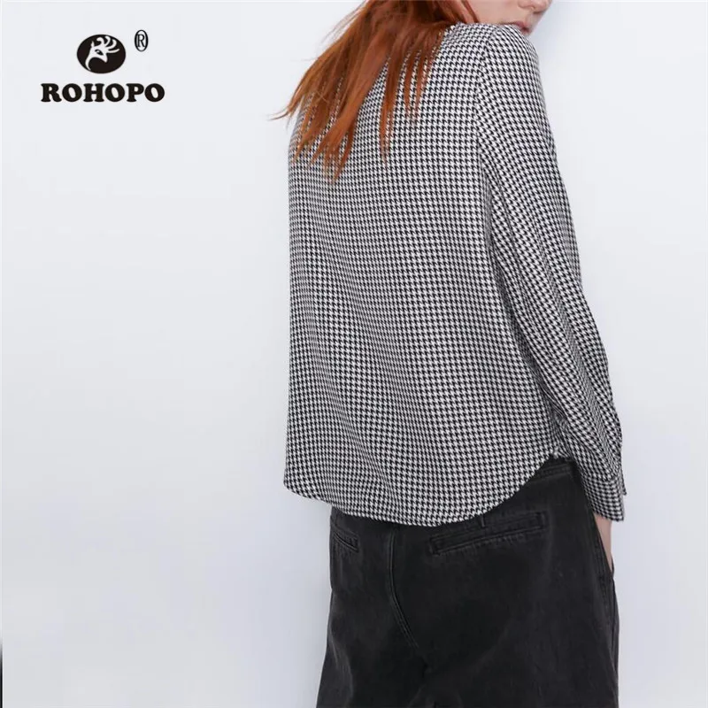ROHOPO/клетчатая блузка с длинными рукавами и гусиными лапами, с отворотами, с пришитыми карманами, круглая оторочка, Осенние шикарные женские топы блузка#2397