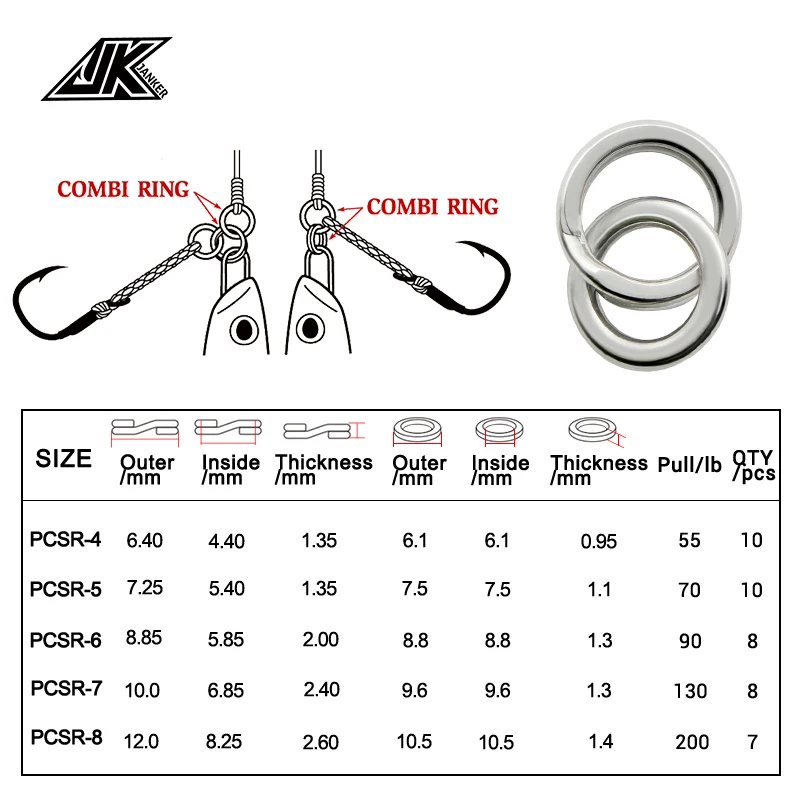 JK 55-200LB Power Combi Stainless Steel Fishing Split Rings Lure Solid Ring Loop For Blank Crank Bait Tool Kit Metal Key Holder