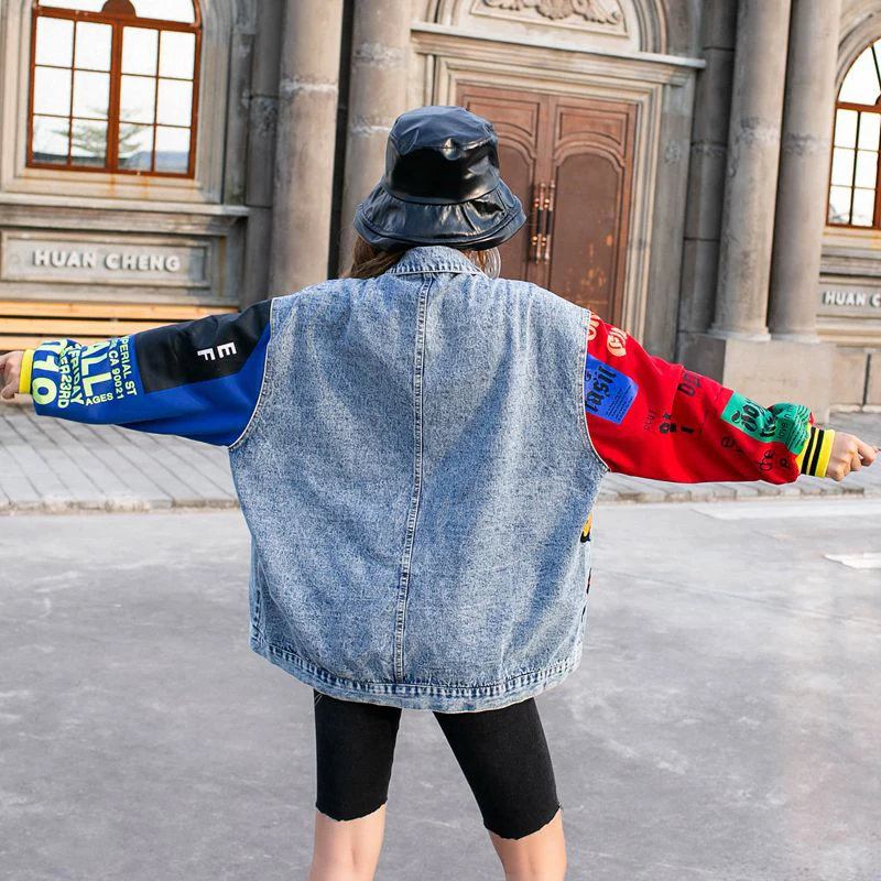 Harajuku блесток джинсы с рисунком Куртки Лоскутная джинсовая куртка женское базовое пальто осенняя уличная одежда с длинным рукавом