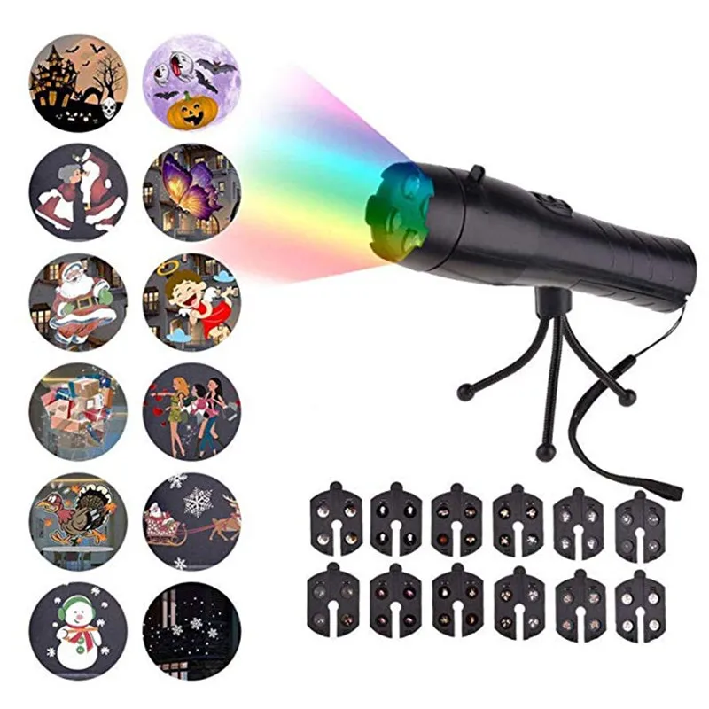 

LED Flashlight Animation Lamp Flashlight Film Projector Lamp 12 Pattern Card Dynamic Music Handheld LED Festival Christmas lamp