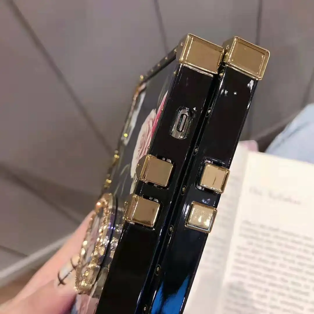 Luxury Europe style fashion flower Peony square blue ray case for iphone 11 Pro MAX XS XR X 8 7 6 6s Plus ring soft phone cover