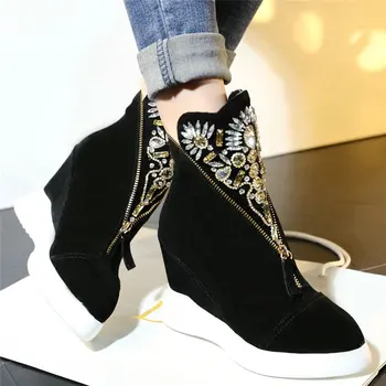 

Punk Trainers Women Cow Leather Wedges High Heel Ankle Boots Winter Warm Fur Platform Pumps Shoes Rhinestones Fashion Sneakers
