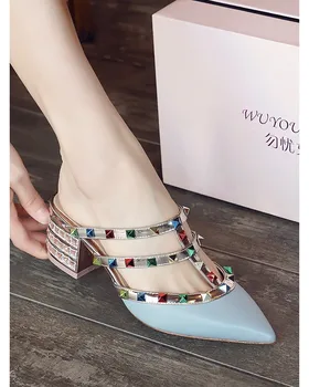 

[Worry Girl Upgraded Version] 2020 Rivet Pointed Slippers Thick Heel Color Spike Sandals Mid-heel Baotou Sandals