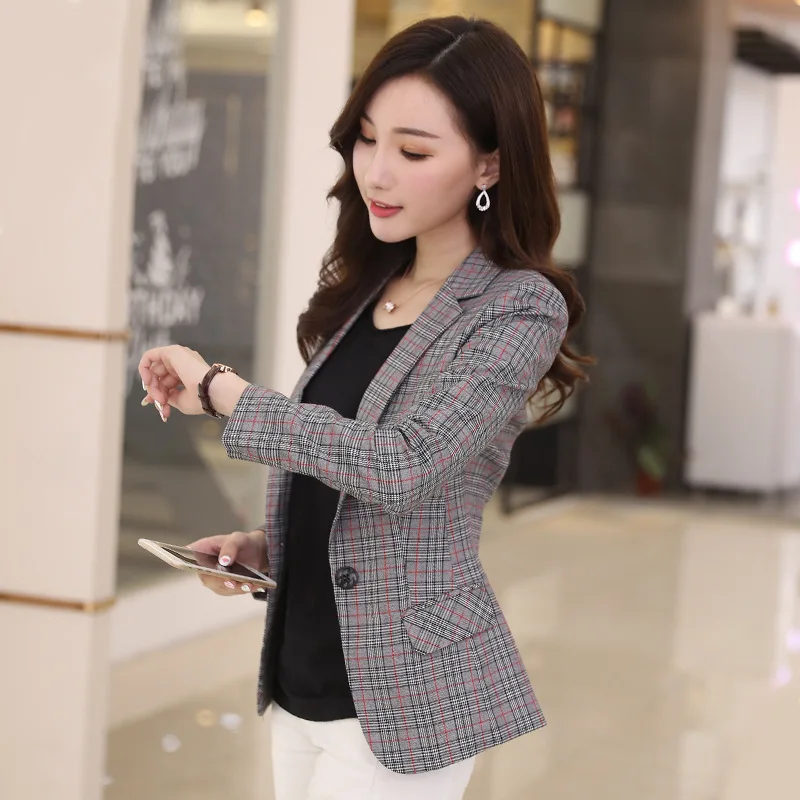 

Plaid Suit Jacket Women's Korean-style 2019 Spring And Autumn New Style Casual Slimming Long Sleeve Short Thousands of Birds Sui
