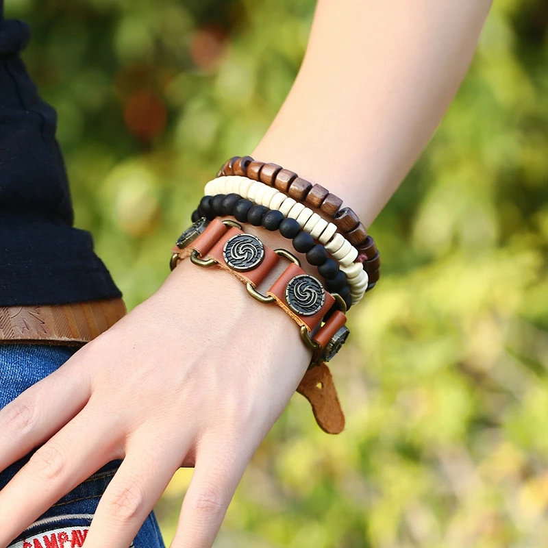 

2019 New Retro Coconut Shell Wood Beads Alloy Leather Bracelet Men's Charm Bracelets Fashion Jewelry Accessories Friends Gift