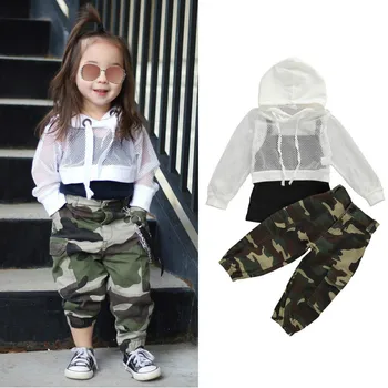 

3 PCS Toddler Girls Summer Clothes Baby Girls Hollow Hooded Long Sleeve Tops +Vest+Camouflage Long Pants Outfits Sets Tracksuits