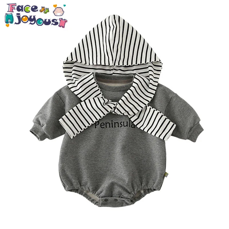 

Baby Rompers Long Sleeve Newborn Boys Jumpsuits Outfits Autumn Gray Striped Hood Infant Girls Overalls Winter Warm Children Wear