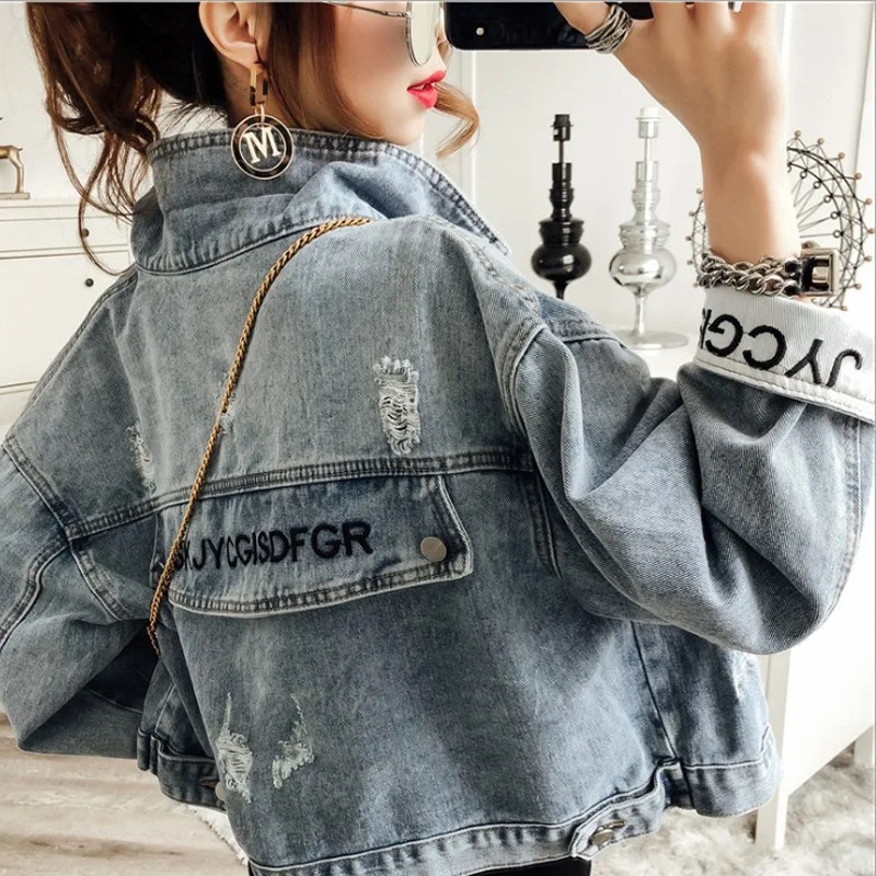

Online Celebrity 2019 Autumn Korean-style Loose-Fit BF Retro Hong Wave Tops Students Jeans Coat Short Women's