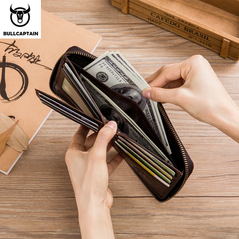 BULLCAPTAIN Genuine Leather Men's Wallet Vintage Zipper with Partition Clip RFID Credit Card Holder Burglar Leather Mini Wallet