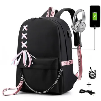 

Casual Women&Men Backpack Large Capacity Student School Bags For Teenager USB Charging Laptop Travel Mochila With Ribbon