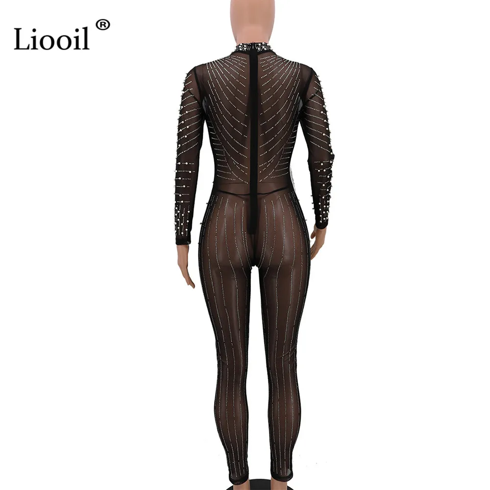 Liooil, черный, белый, прозрачный, сетчатый, бисероплетенный, Облегающий комбинезон, для женщин, Клубная одежда, с длинным рукавом, с круглым вырезом, алмазный, облегающий, вечерние, клубный, сексуальный комбинезон