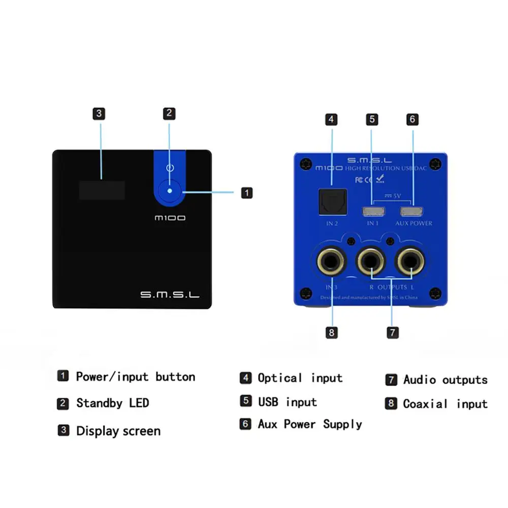 SMSL DAC USB цифро-аналоговый аудио конвертер HiFi AK4452 DSD512 32 бит/768 кГц коаксиальный Оптический OTG Вход AUX мощность M100