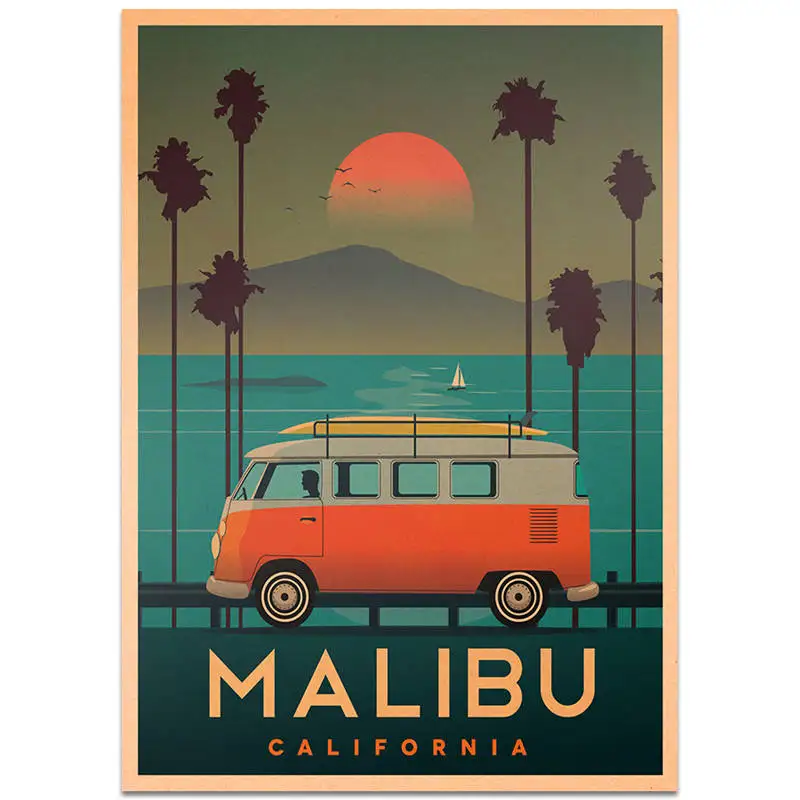 Malibu праздничный отдых плакат ручной росписью живописные пятна летний пейзаж Винтаж дома ретро кафе бар стены искусства стикеры 42x30 см - Цвет: TCITY167