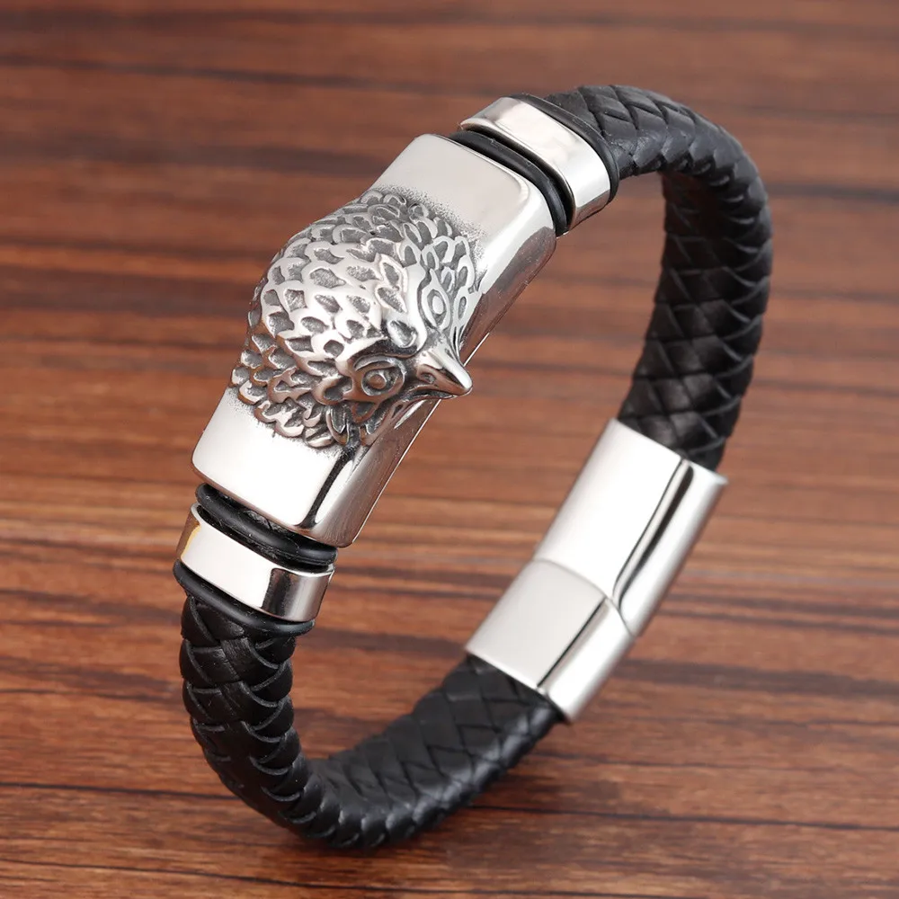 Новые мужские украшения панк черный синий плетеный кожаный браслет для мужчин нержавеющая магнитный браслет со стальными элементами модные браслеты подарки сова