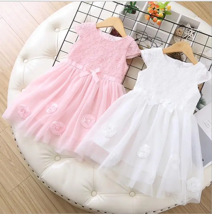 Кружевное платье с цветочным рисунком для девочек; белое и розовое платье без рукавов для детей; модные платья принцессы; милая детская одежда