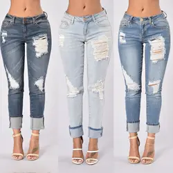 Джинсы женские повседневные сексуальные женские узкие джинсы отверстие девять брюки кромки с оборкой James Mujer