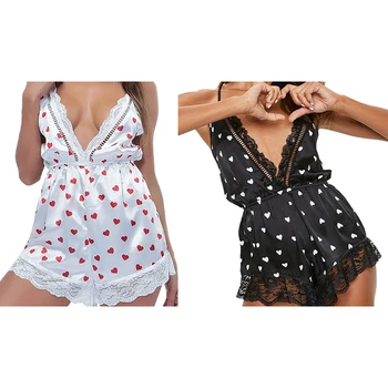 

Ladies Pajama Sleepwear Heart Print Lace Satin Sexy Lingerie Pajamas Backless Summer Casual Pyjamas