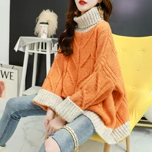 

Turtleneck Knitted Women Sweaters Pullovers Spring 2021 Flare Sleeve Loose Casual Color Matching Knitwear Female Tops Pull Femme