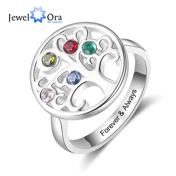 

JewelOra Personalized Tree of Life Rings with 5 Birthstones Customized Round Engraved Rings for Women Gift for Grandmother