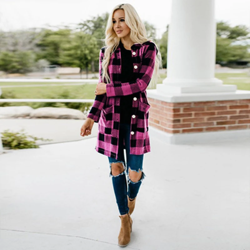 Women Plaid Hooded  Long Shirt Coat Autumn Winter Single Breasted Outdoorwear Blouse Lady Daily Streetwear Overcoat
