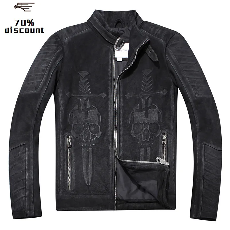

2020 Vintage Black Men American Skulls Motorcycle Leather Jacket Plus Size XXXXL Genuine Thick Cowhide Spring Biker's Coat