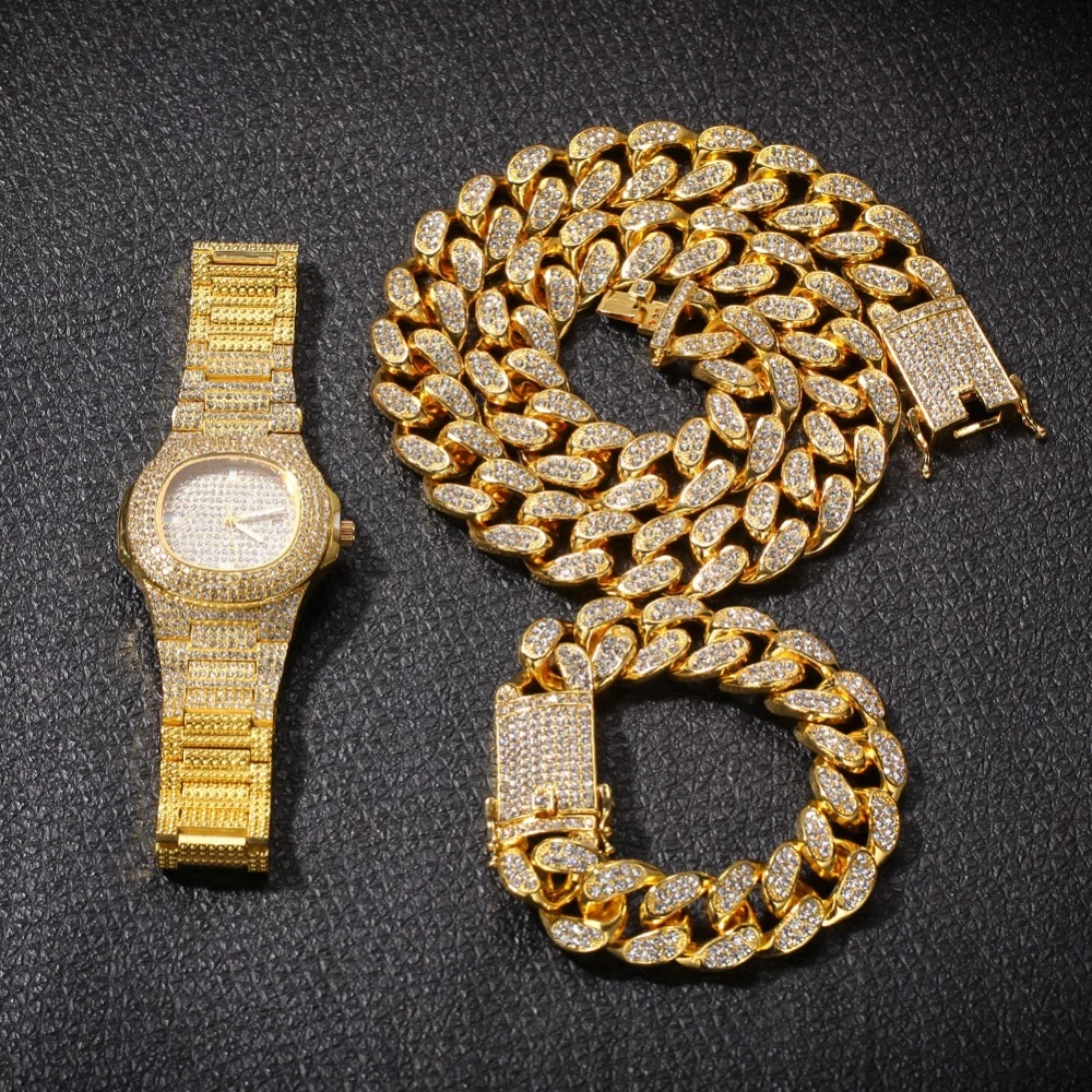 В Стиле Хип-хоп, золотой цвет, кубинская цепочка, Золотое серебро, ожерелье и браслет, набор, Роскошная комбинация часов и ожерелья