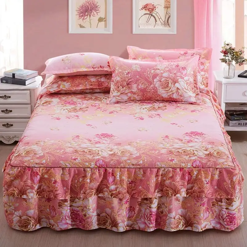 3PCFreshHomeStyleBedspreadOntheBedWithSkirtCottonPrinting