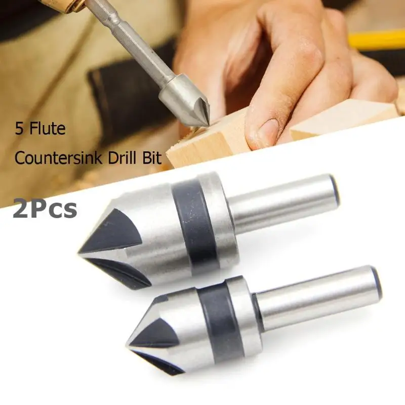 

2pcs 5 Flute Countersink Drill Bit Round Shank HSS 82 Degree Point Angle Chamfer Chamfering Cutter for Woodworking